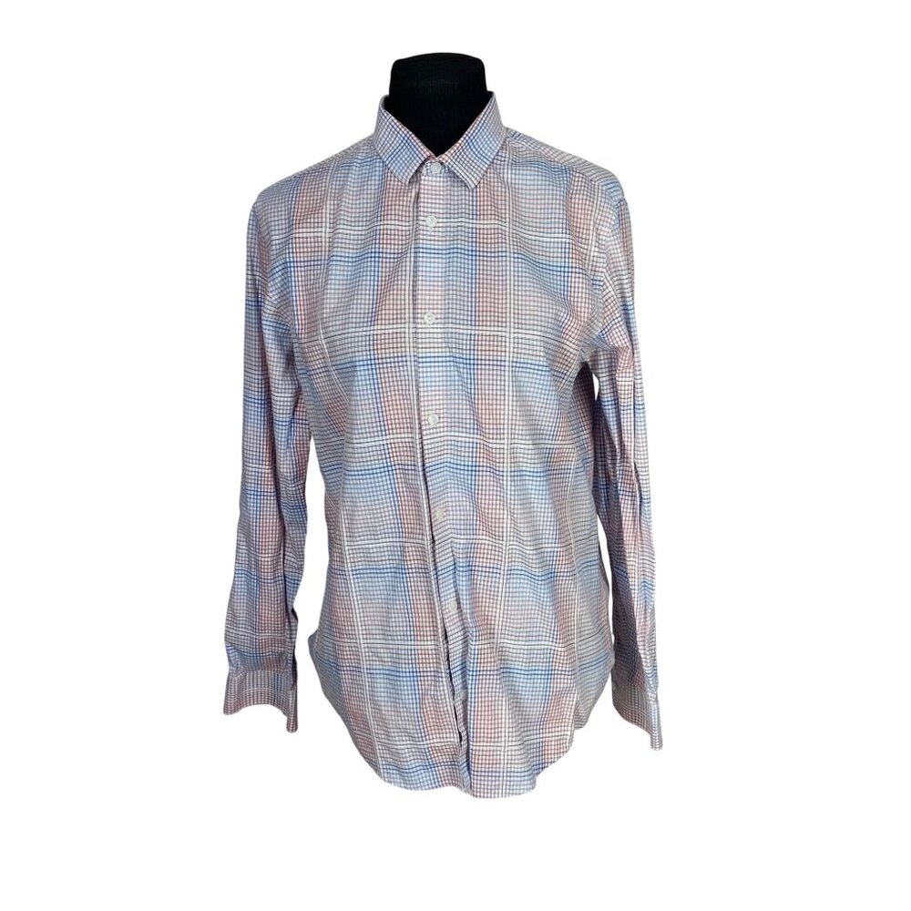 Calvin Klein Mens Infinite Cool Non-Iron Plaid Button-Up Shirt M 100% Cotton Red